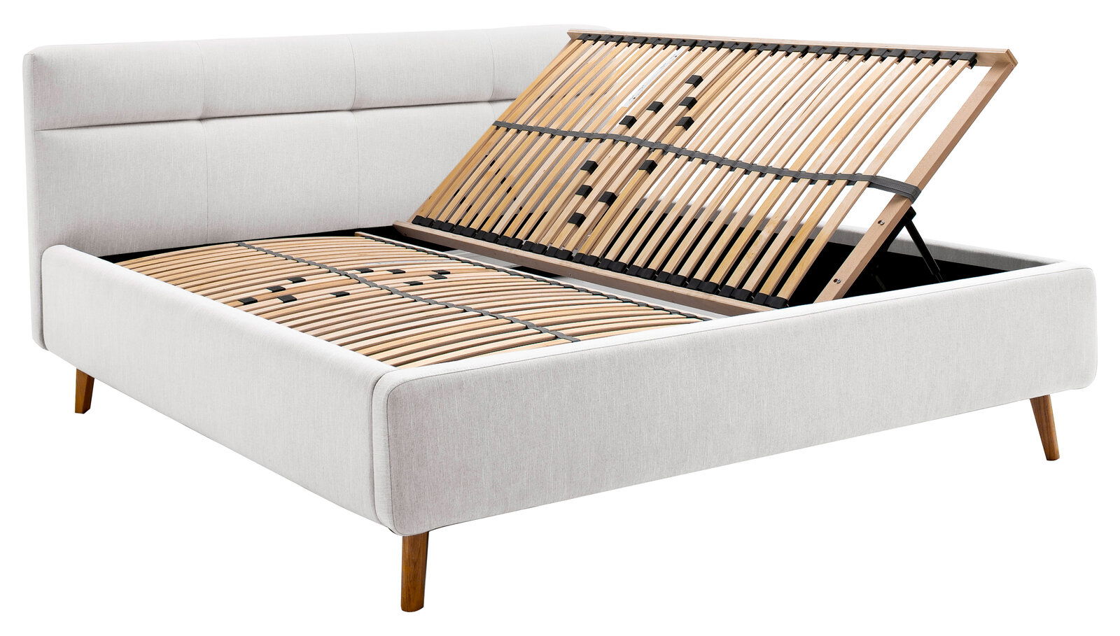 Polsterbett mit hochgeklapptem Lattenrost, seitliche Perspektive