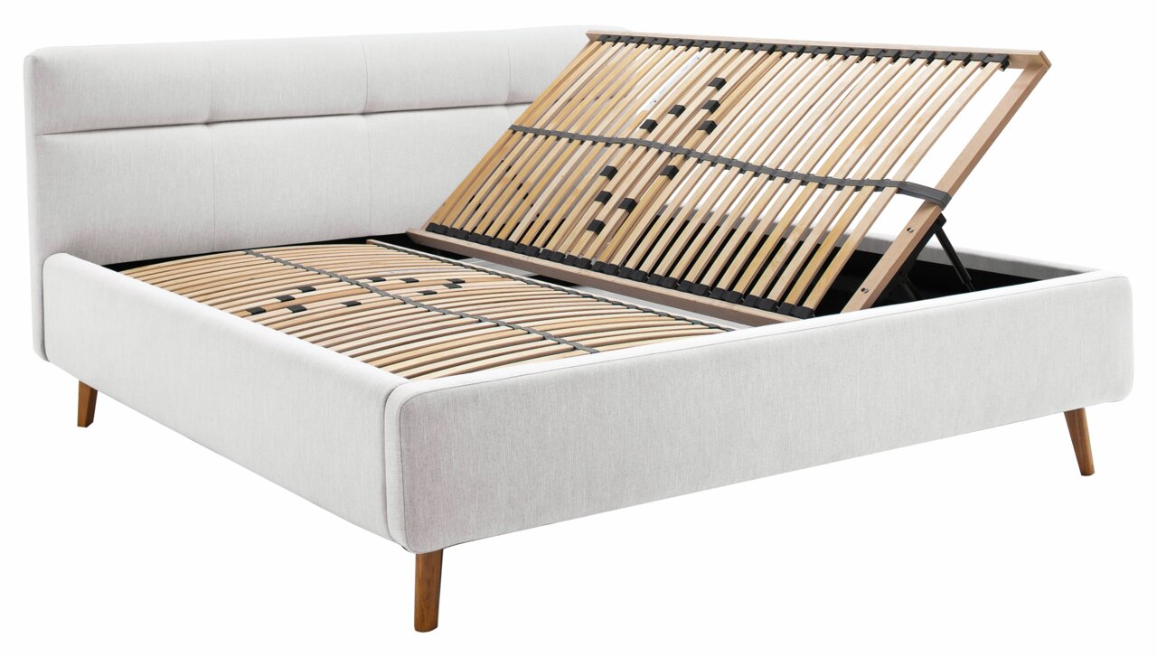 Polsterbett mit hochgeklapptem Lattenrost, seitliche Perspektive