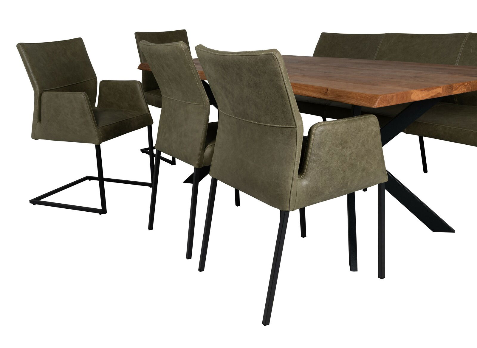 Esszimmermöbel-Set mit Freischwingerstühlen und Armlehnstühlen in Olivgrün, um einen Holztisch gruppiert, seitliche Perspektive.