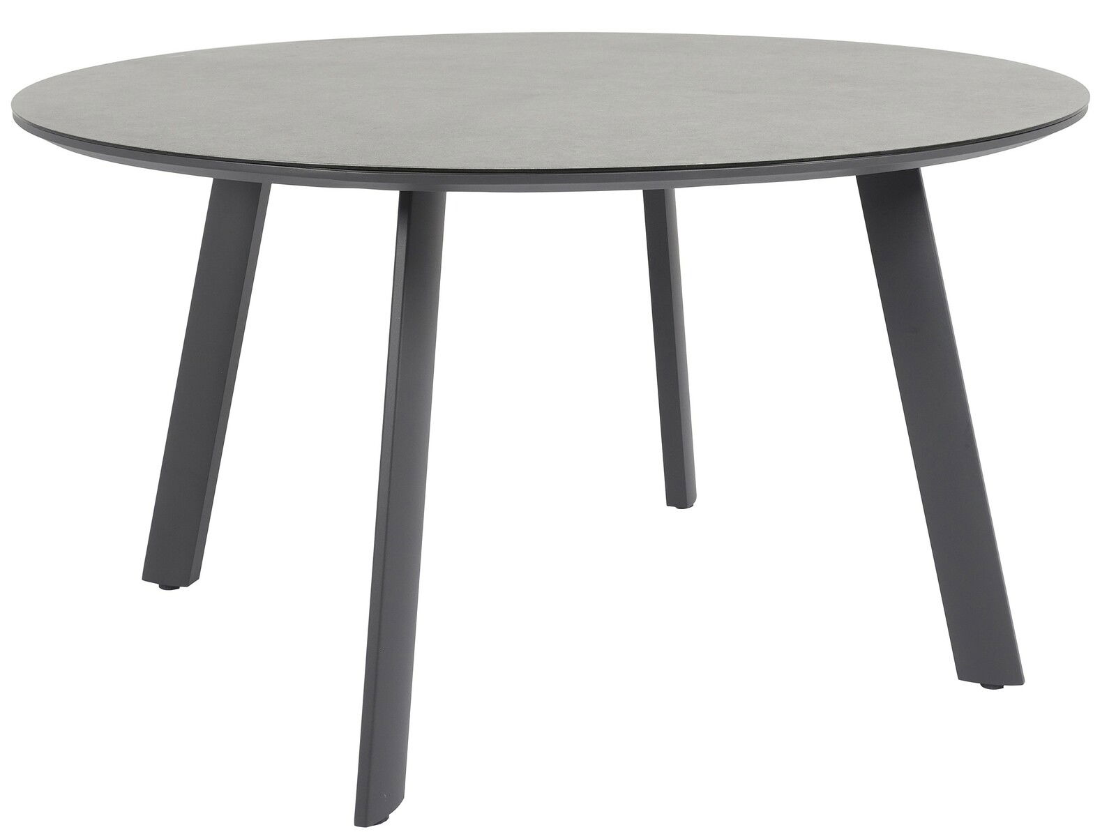 Runder Gartentisch mit grauer Tischplatte und schwarzen Beinen, seitliche Perspektive