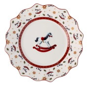Porzellanteller mit Schaukelpferd-Motiv, weihnachtlichen Verzierungen und welligem Rand, Vogelperspektive