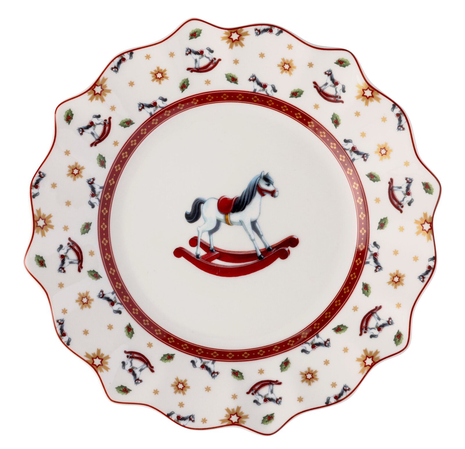 Porzellanteller mit Schaukelpferd-Motiv, weihnachtlichen Verzierungen und welligem Rand, Vogelperspektive