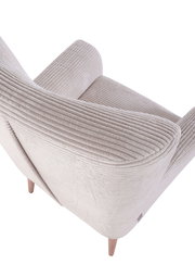 Beiger Cord-Sessel mit abgerundeter Rückenlehne und Armlehnen auf Holzfüßen, Ansicht schräg von hinten oben