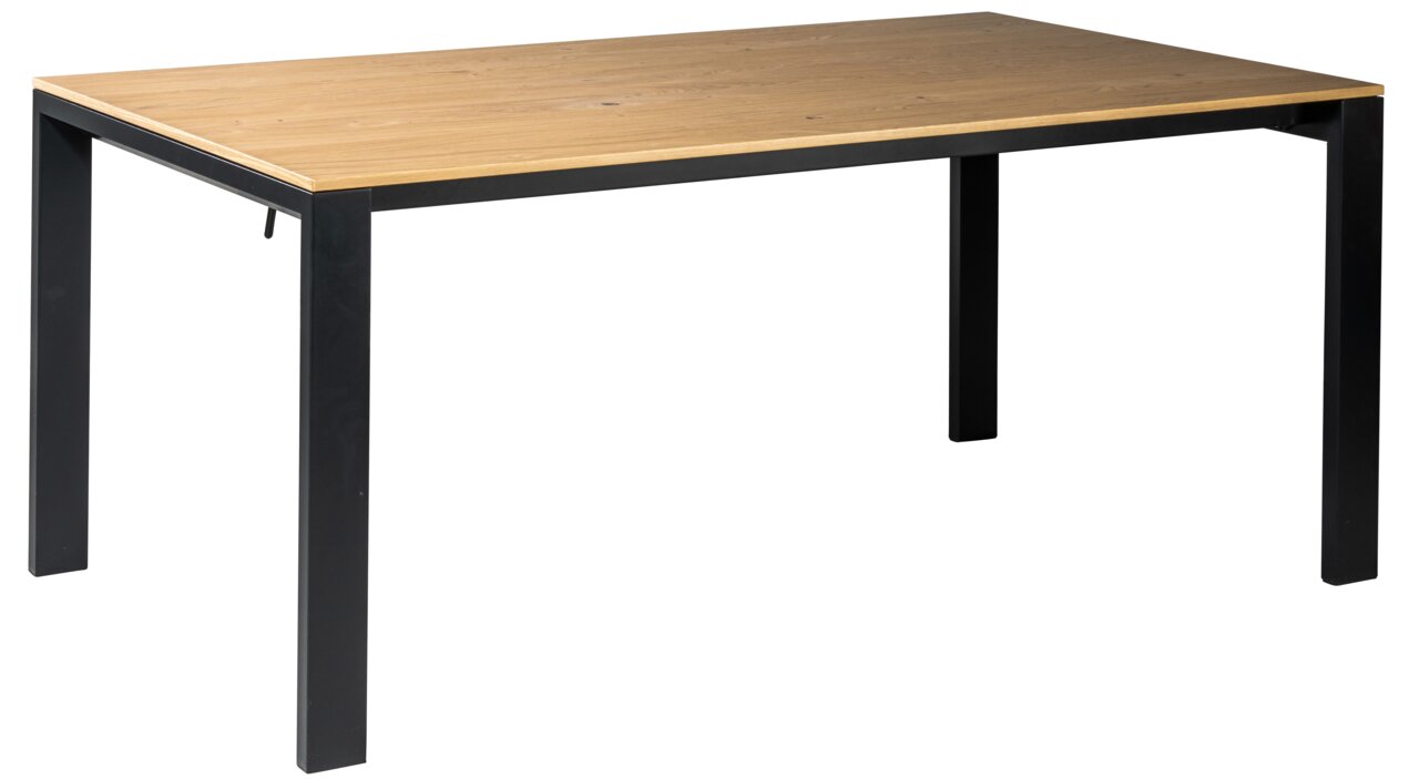 Moderner Esstisch mit Holzplatte und schwarzen Metallbeinen, seitliche Perspektive