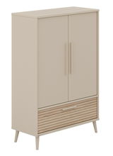 Beiger Kleiderschrank mit zwei Türen und einer Schublade, seitliche Perspektive