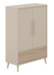 Beiger Kleiderschrank mit zwei Türen und einer Schublade, seitliche Perspektive