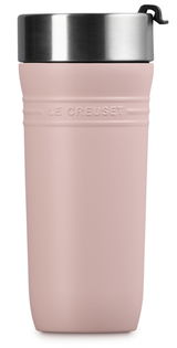 Thermobecher 350ml in Shell Pink, Vorderansicht, mit Edelstahlverschluss und geprägtem Logo.