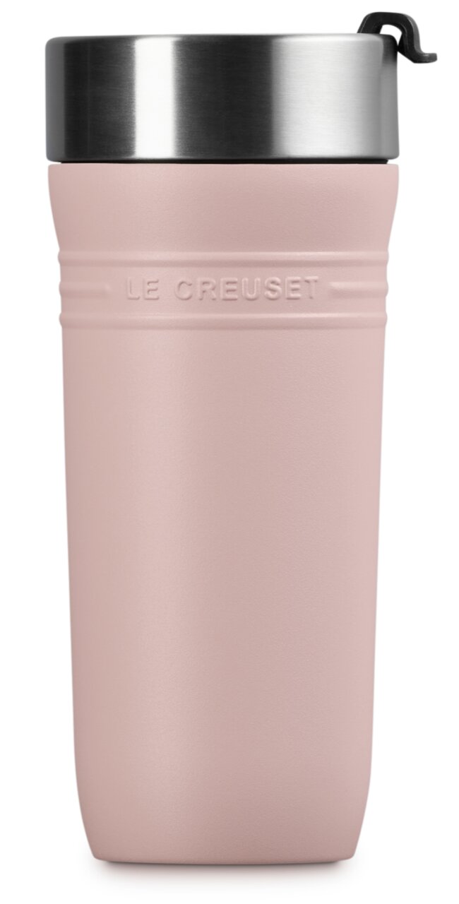 Thermosbeker van 350 ml in Shell Pink, vooraanzicht, met roestvrijstalen deksel en een reliëflogo.