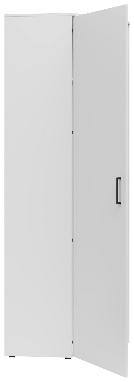 Weißer Eckschrank mit geöffneter Tür, seitliche Perspektive