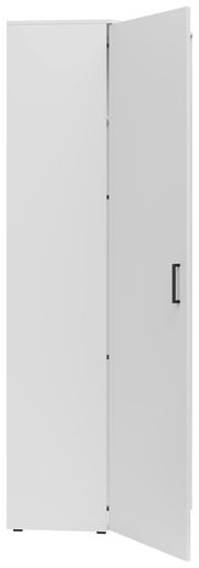 Weißer Eckschrank mit geöffneter Tür, seitliche Perspektive