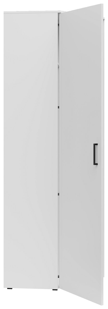 Weißer Eckschrank mit geöffneter Tür, seitliche Perspektive