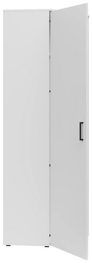 Weißer Eckschrank mit geöffneter Tür, seitliche Perspektive