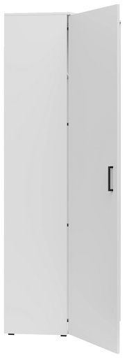 Weißer Eckschrank mit geöffneter Tür, seitliche Perspektive