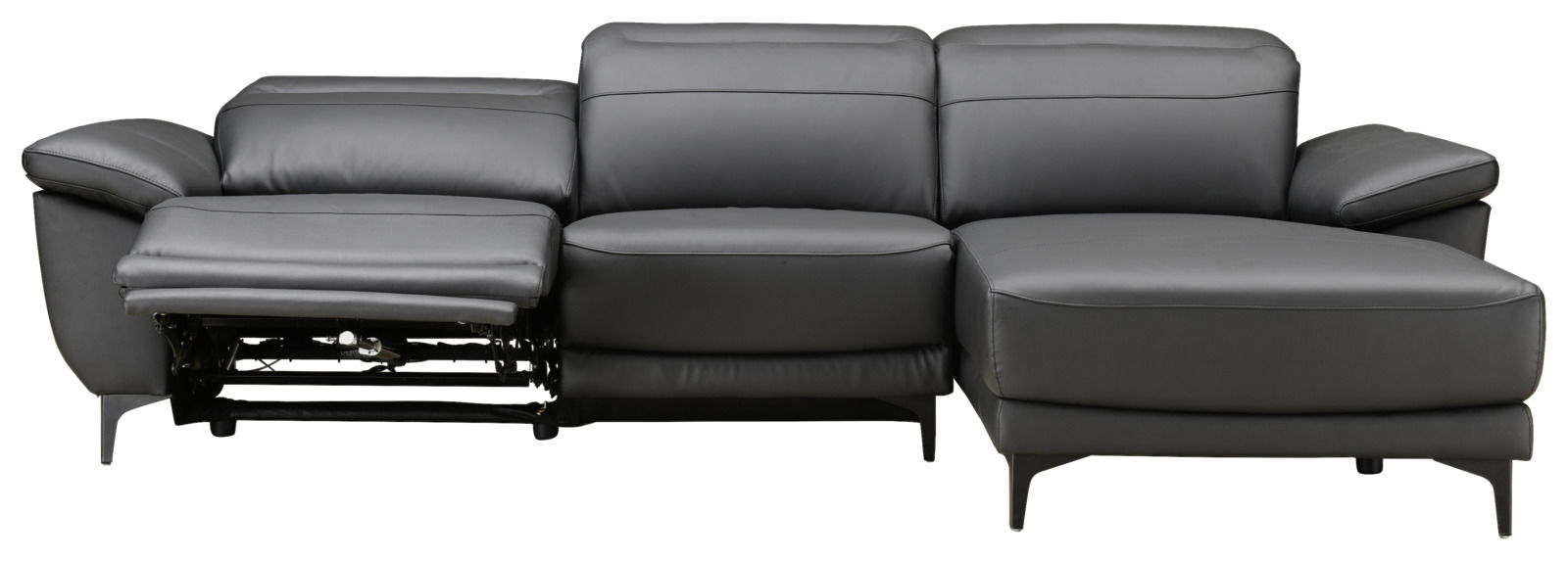 Frontale Ansicht einer modernen, grauen Longchairkombination mit verstellbarem Fußteil auf der linken Seite.