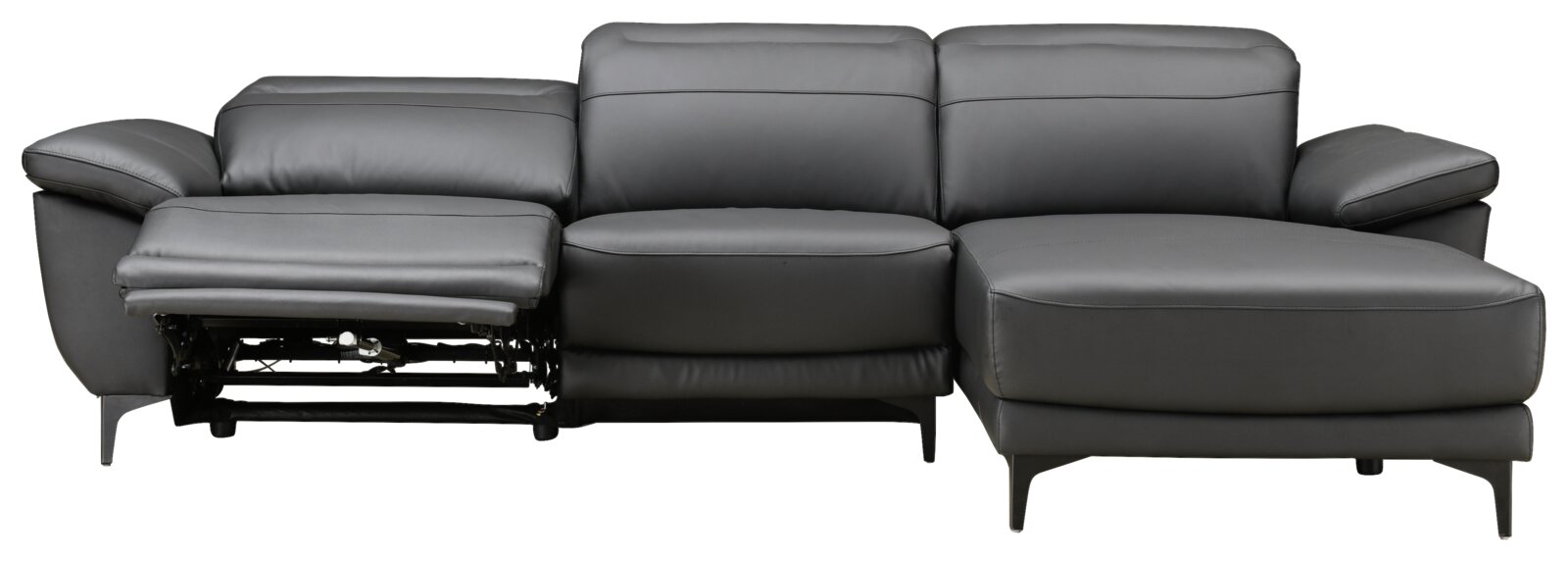 Frontale Ansicht einer modernen, grauen Longchairkombination mit verstellbarem Fußteil auf der linken Seite.