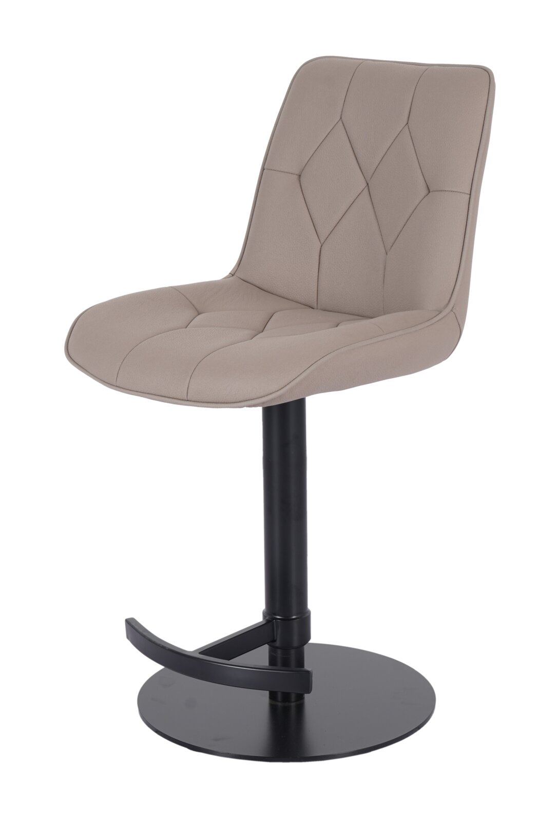 Moderner Barhocker mit gepolsterter Sitzfläche in Beige und schwarzem Metallfuß, seitliche Perspektive
