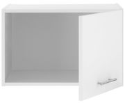Weißer Aufsatzschrank mit geöffneter Tür, seitliche Perspektive