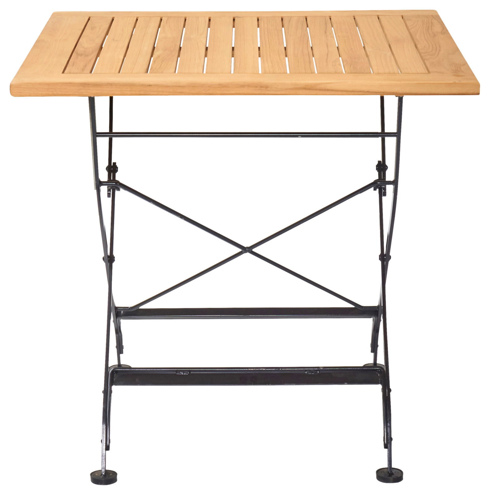 Kleiner klappbarer Gartentisch aus Holz und Metall, frontal betrachtet