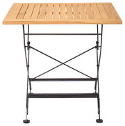 Kleiner klappbarer Gartentisch aus Holz und Metall, frontal betrachtet