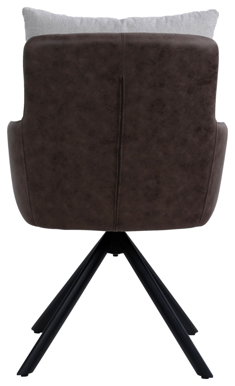 Hom´in Armlehnstuhl FABIAN Rückansicht eines braunen Armlehnstuhls mit schwarzem Metallgestell und grauem Kissen.