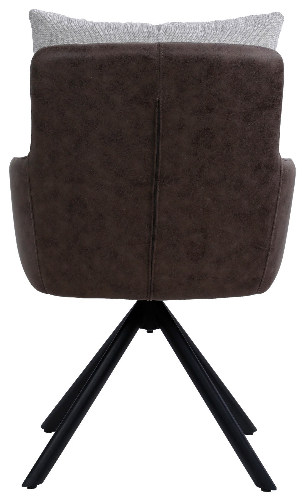 Hom´in Armlehnstuhl FABIAN Rückansicht eines braunen Armlehnstuhls mit schwarzem Metallgestell und grauem Kissen.