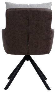 Rückansicht eines braunen Armlehnstuhls mit schwarzem Metallgestell und grauem Kissen.