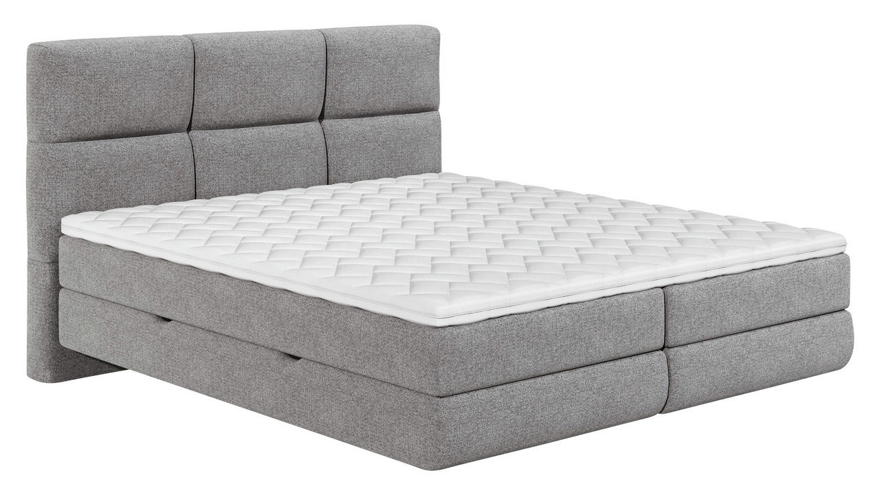 XORA Boxspringbett BENITO Graues Boxspringbett mit gepolstertem Kopfteil und weißer Matratzenauflage, seitliche Perspektive