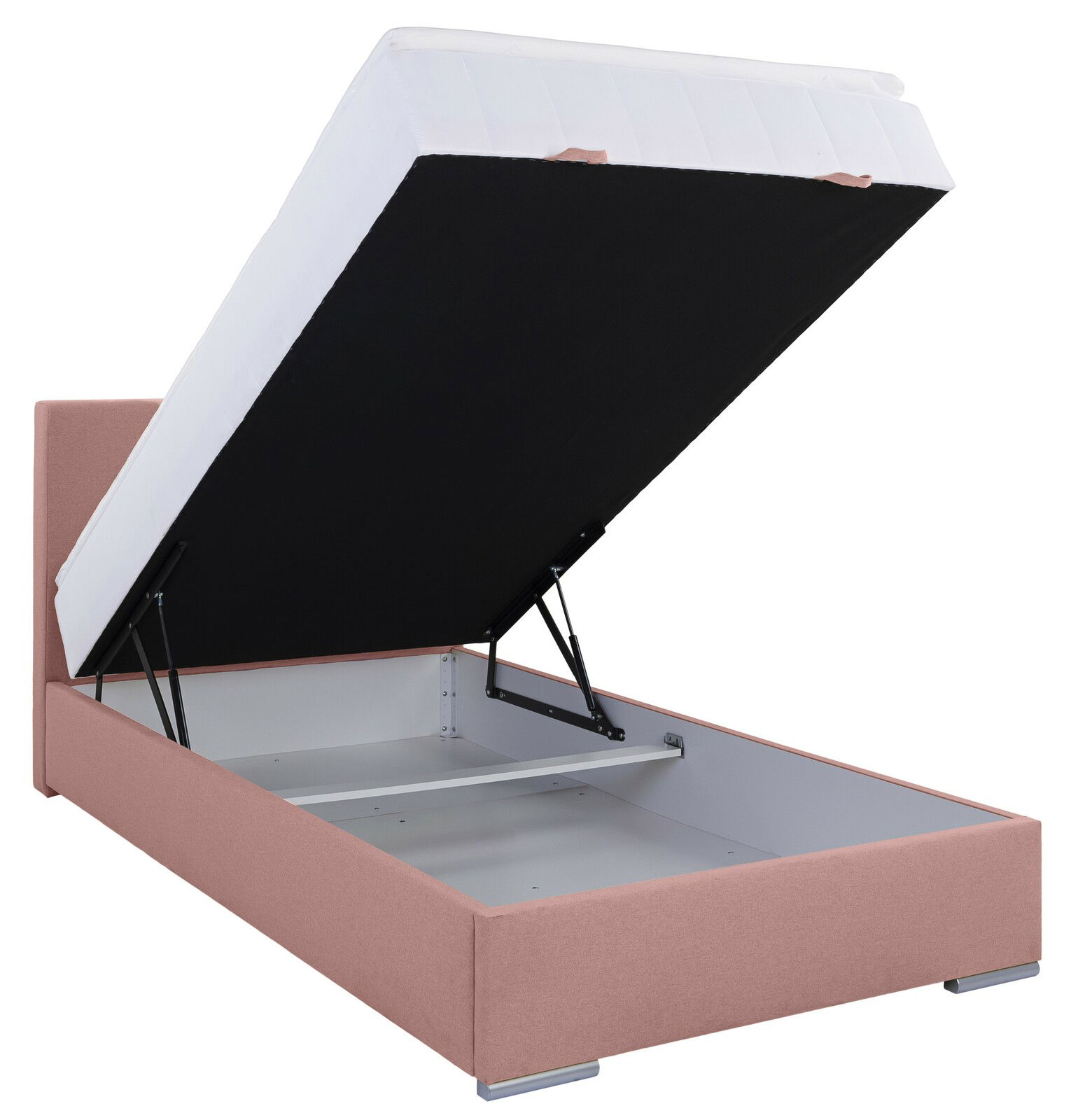 Boxbett 120 mit hochgeklappter Matratze, seitliche Perspektive