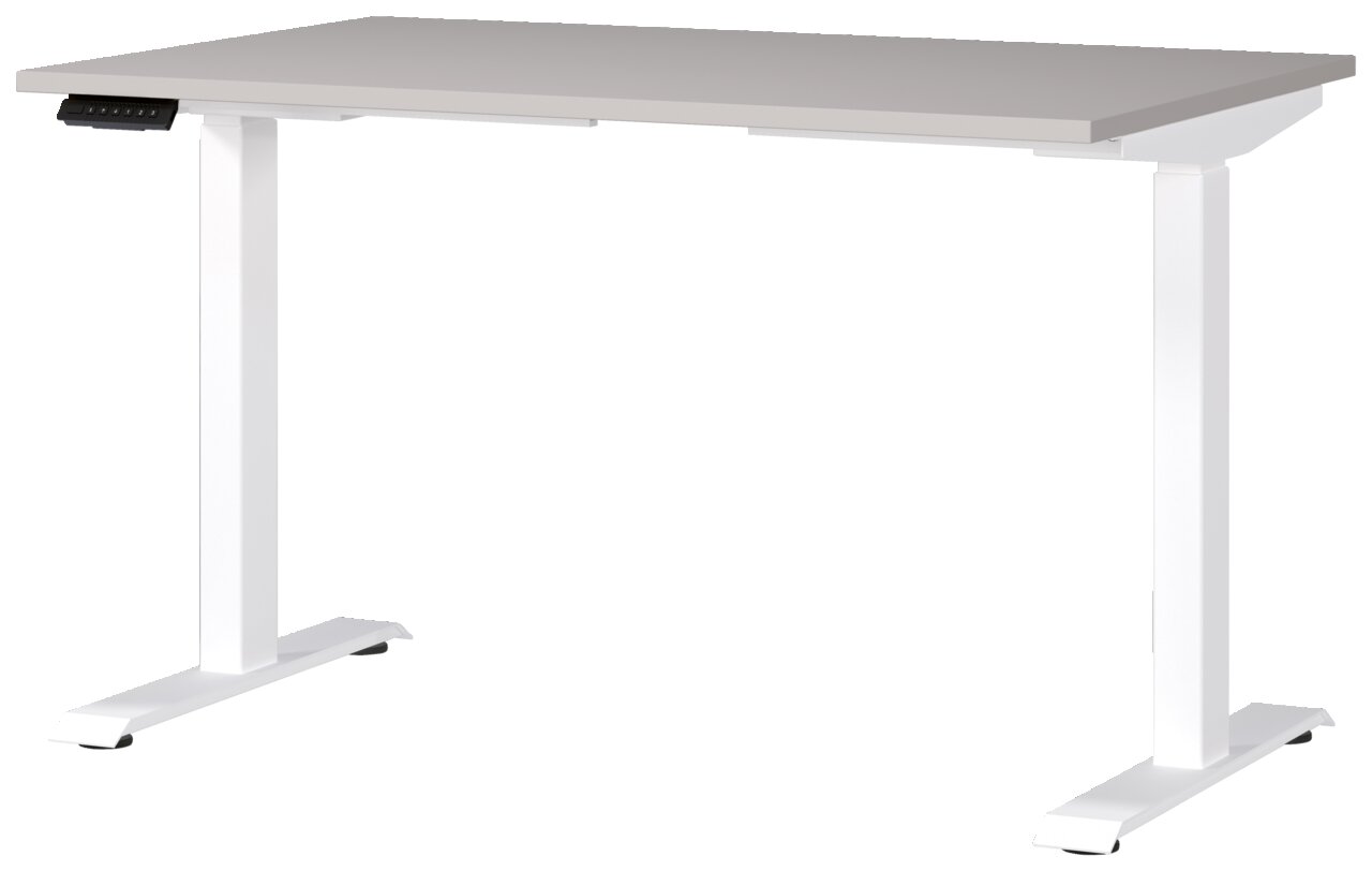 Moderner E-Schreibtisch 120x80 cm mit weißem Gestell und grauer Tischplatte, seitliche Perspektive