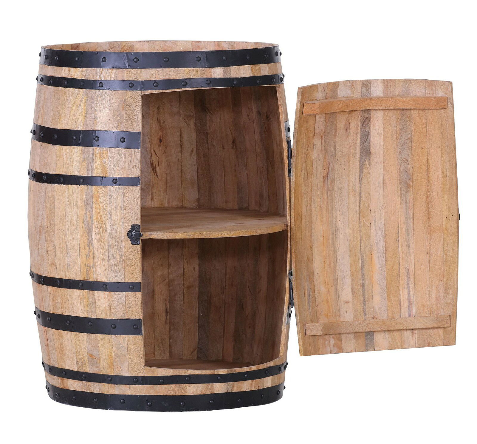 Offenes Holzfass mit Regalboden und geöffneter Tür, frontal betrachtet.