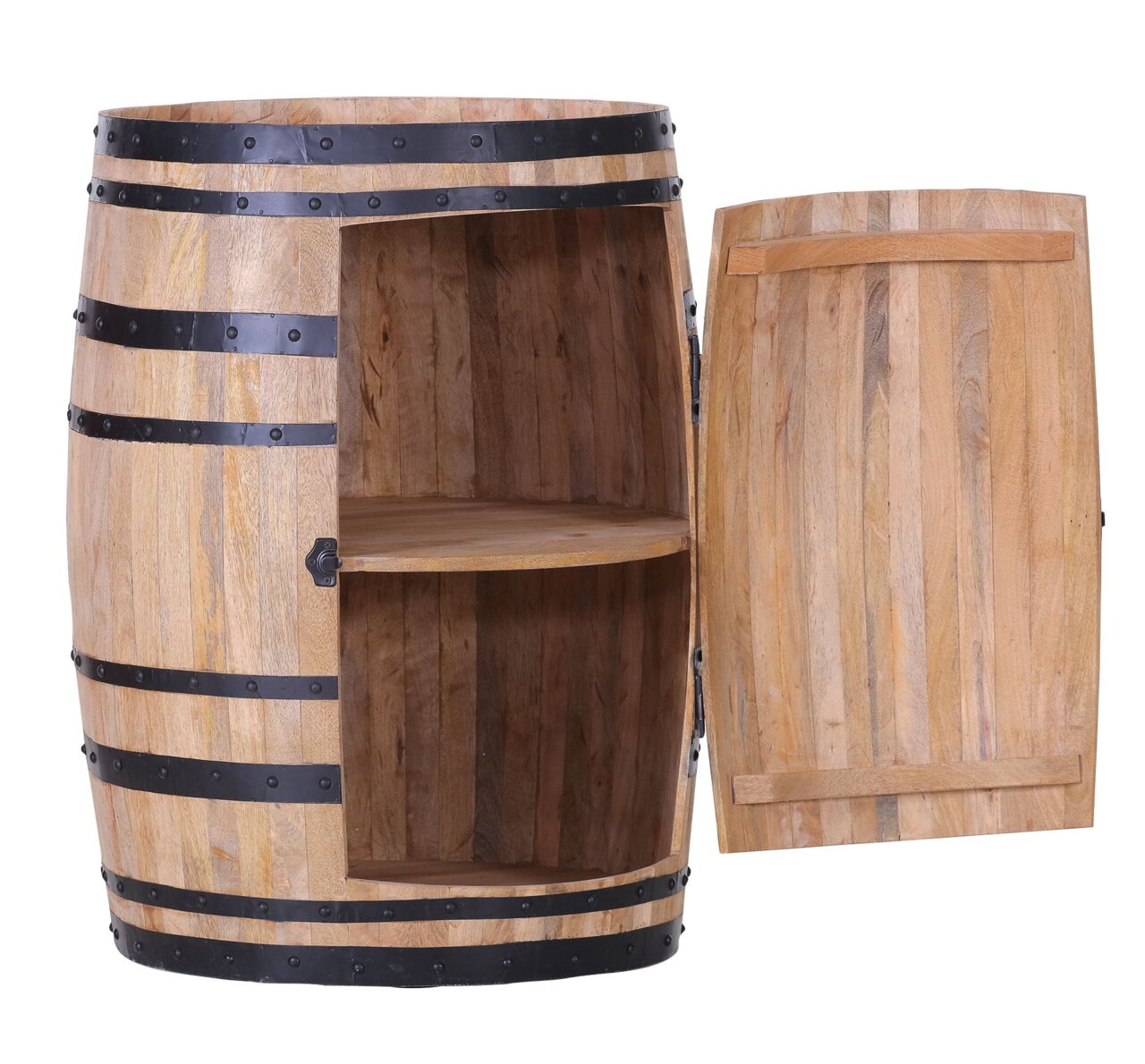 Offenes Holzfass mit Regalboden und geöffneter Tür, frontal betrachtet.