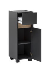 Schwarzer Unterschrank mit einer offenen Schublade und einer geöffneten Tür, seitliche Perspektive