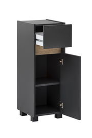 Schwarzer Unterschrank mit einer offenen Schublade und einer geöffneten Tür, seitliche Perspektive