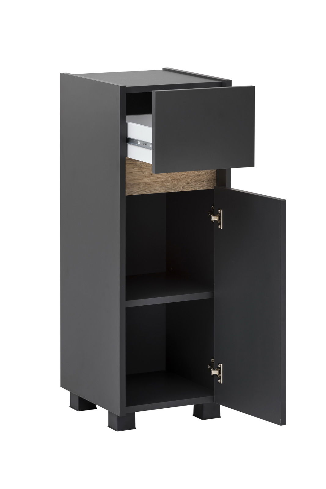 Schwarzer Unterschrank mit einer offenen Schublade und einer geöffneten Tür, seitliche Perspektive