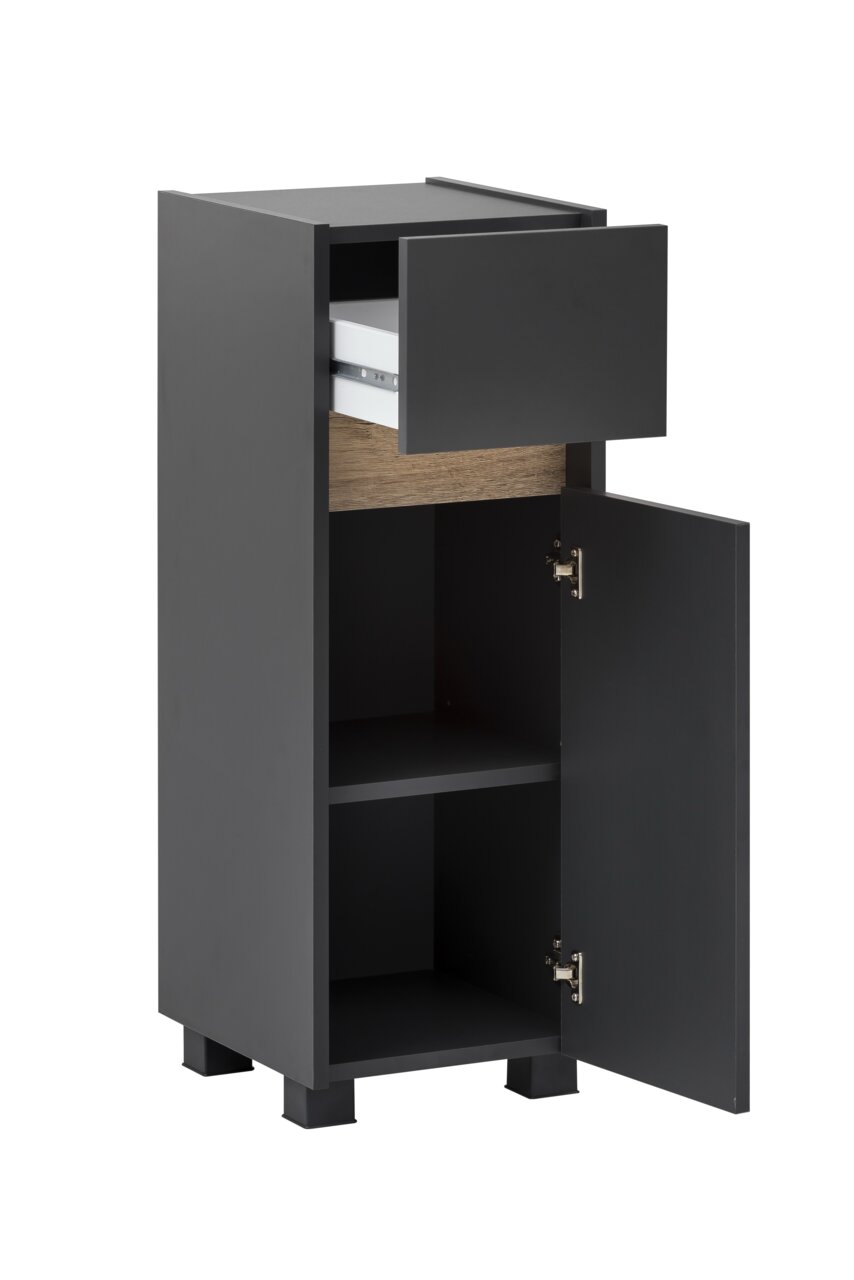 Schwarzer Unterschrank mit einer offenen Schublade und einer geöffneten Tür, seitliche Perspektive