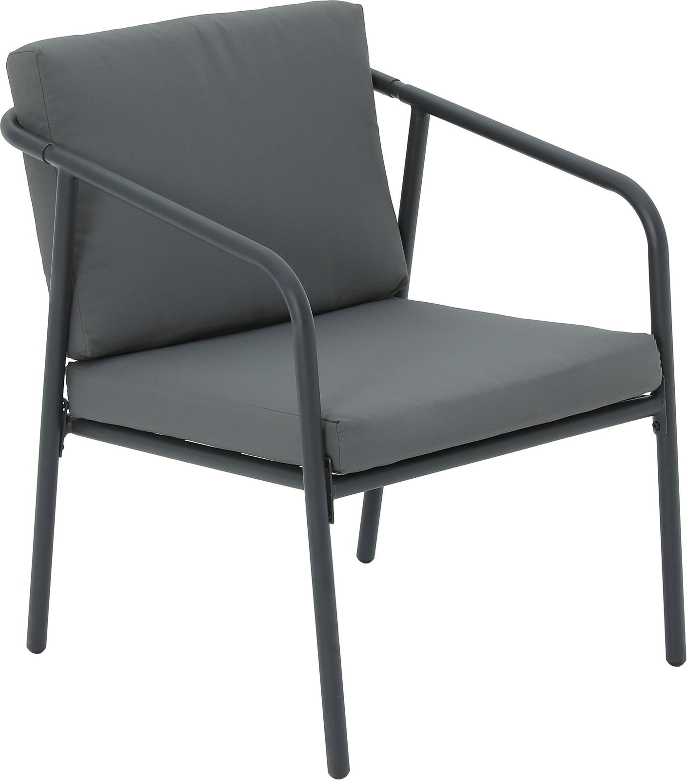 Moderner Gartenstuhl mit grauen Kissen und schwarzem Metallrahmen, seitliche Perspektive