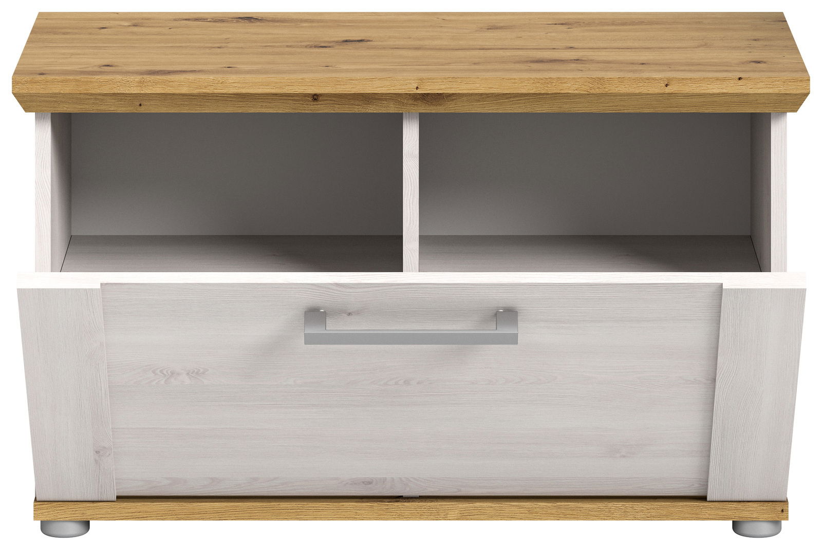 Sitzbank mit Holzoptik, zwei offenen Fächern und einer Schublade, Frontansicht