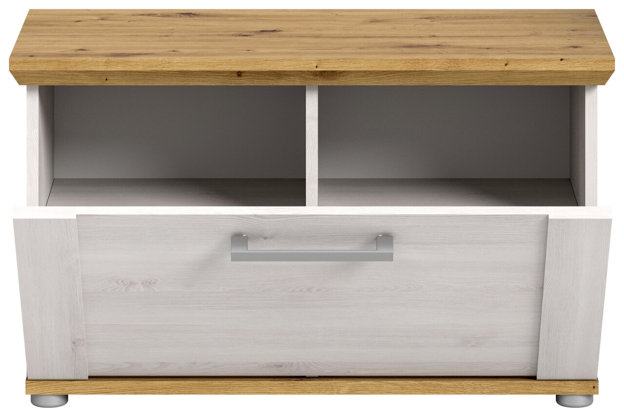 Sitzbank mit Holzoptik, zwei offenen Fächern und einer Schublade, Frontansicht
