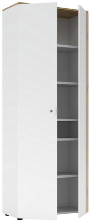 Weißer Büroschrank mit geöffneter Tür, zeigt mehrere Regalböden, Perspektive von vorne