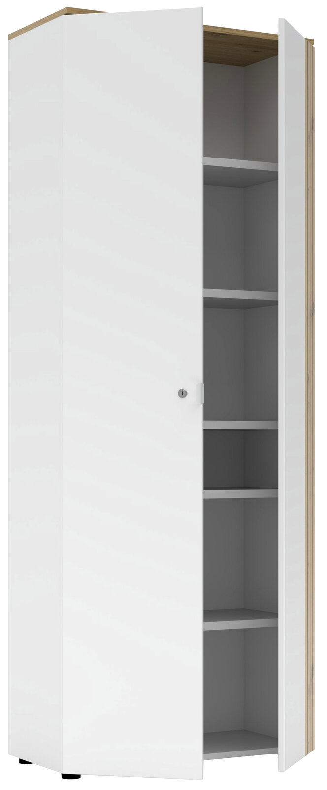 Weißer Büroschrank mit geöffneter Tür, zeigt mehrere Regalböden, Perspektive von vorne