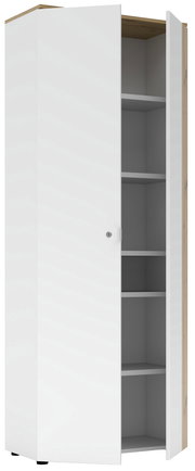 Weißer Büroschrank mit geöffneter Tür, zeigt mehrere Regalböden, Perspektive von vorne