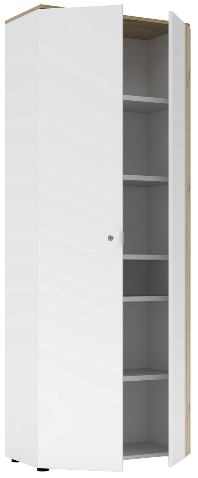 Weißer Büroschrank mit geöffneter Tür, zeigt mehrere Regalböden, Perspektive von vorne