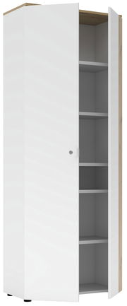 Weißer Büroschrank mit geöffneter Tür, zeigt mehrere Regalböden, Perspektive von vorne