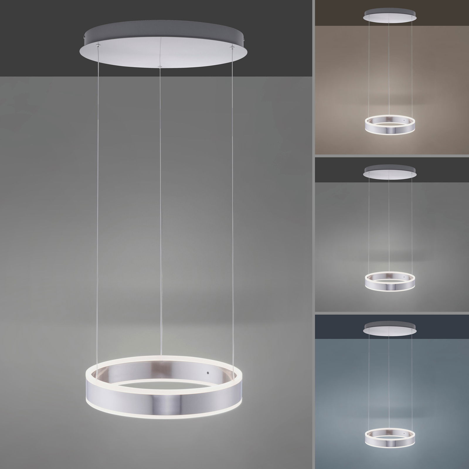 Moderne Pendelleuchte in Ringform, von unten betrachtet, mit elegantem, schwebendem Design.