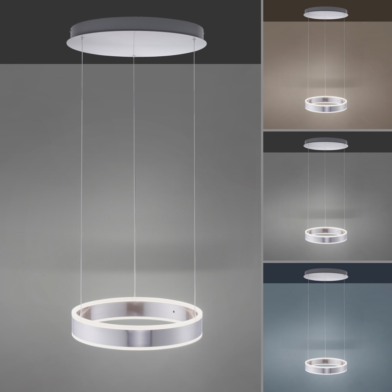 Moderne hanglamp in de vorm van een ring, gezien van onderaf, met een elegant, zwevend ontwerp.