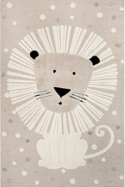 Kinderteppich mit Löwenmotiv in Frontalansicht, beige Hintergrund mit Punkten