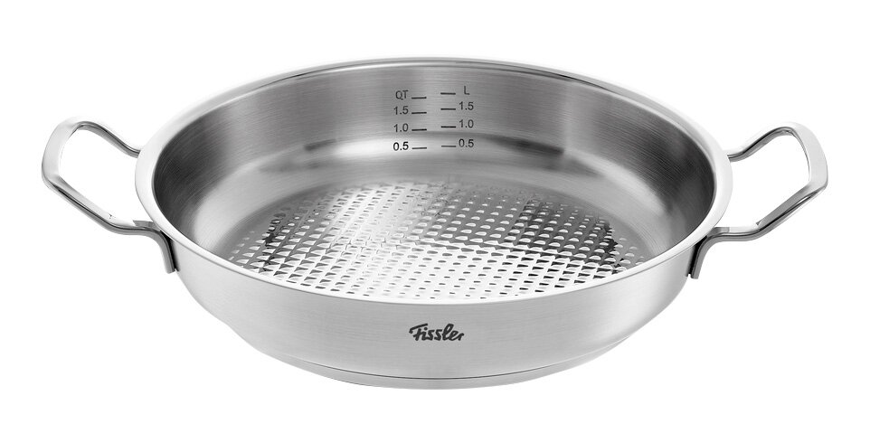 Fissler Servierpfanne 28cm ORIGINAL-PROFI COLLECTION 2 Edelstahl-Servierpfanne mit zwei Griffen, Innenmaßskala und geriffeltem Boden, seitliche Perspektive