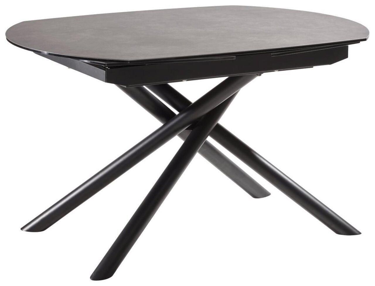 Moderner Esstisch mit ovaler Tischplatte und gekreuzten schwarzen Beinen, seitliche Perspektive