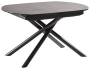 Moderner Esstisch mit ovaler Tischplatte und gekreuzten schwarzen Beinen, seitliche Perspektive