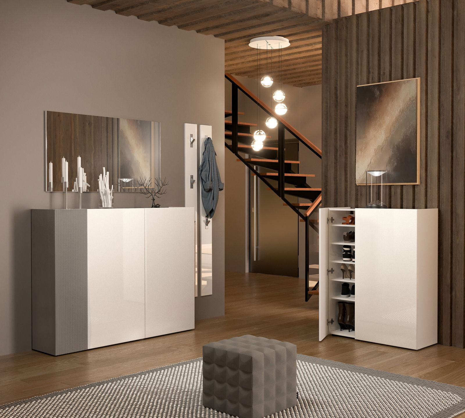 Moderner Schuhschrank in einem stilvollen Raum, mit geöffneter Tür, die mehrere Regale für Schuhe zeigt. Perspektive von vorne.